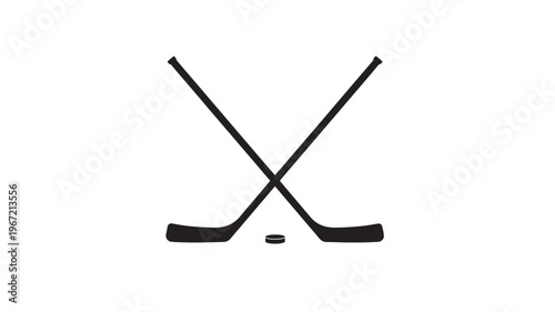 Hockey sticks and puck icon with a simple black silhouette on a white background, representing the sport.