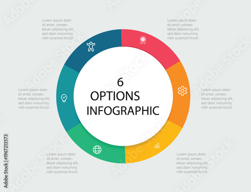 Circle chart infographic template with 6 options.   Six-part cycle chart. Can be used for diagram, graph, report, presentation, web design.  