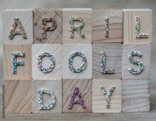 3D wooden blocks spelling out april fools day with glitter