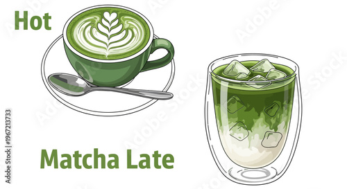 A digital illustration of a hot and iced matcha latte drinks