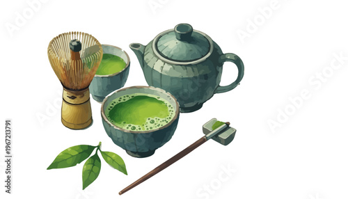 A serene still life of matcha tea and traditional Japanese utensils