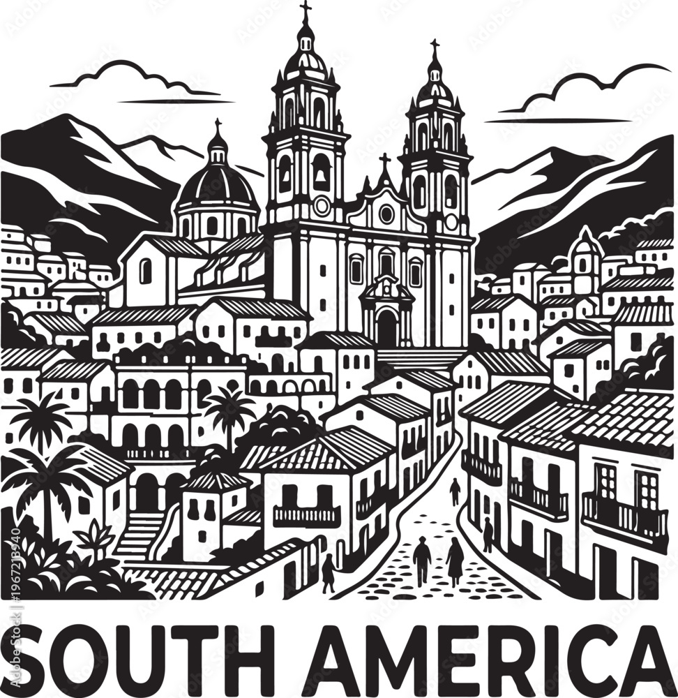 Naklejka premium South American cityscape with colonial architecture and mountains, black and white illustration.