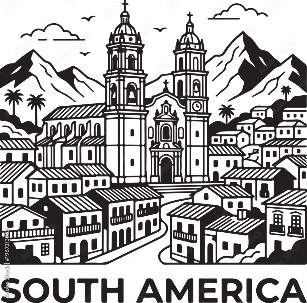 Naklejka premium Vibrant South American cityscape with a grand cathedral, mountains, and palm trees in graphic style.