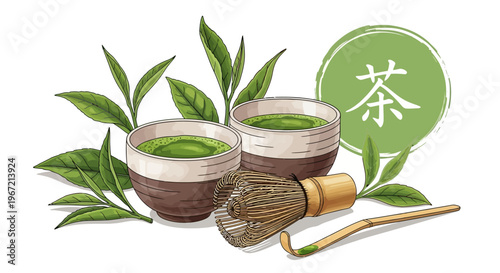 A serene illustration of matcha tea and traditional Japanese utensils