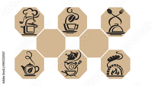 A set of wooden icons featuring various kitchen and food symbols