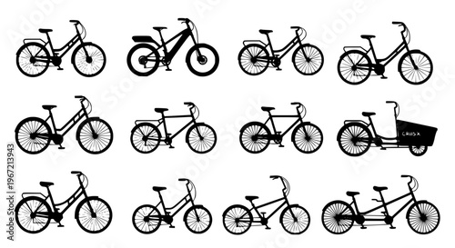 Flat bicycle collection set with city mountain road BMX electric and cargo bikes vector illustration