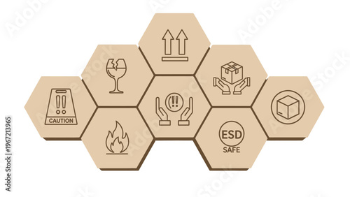 A collection of wooden hexagonal warning signs for shipping and handling
