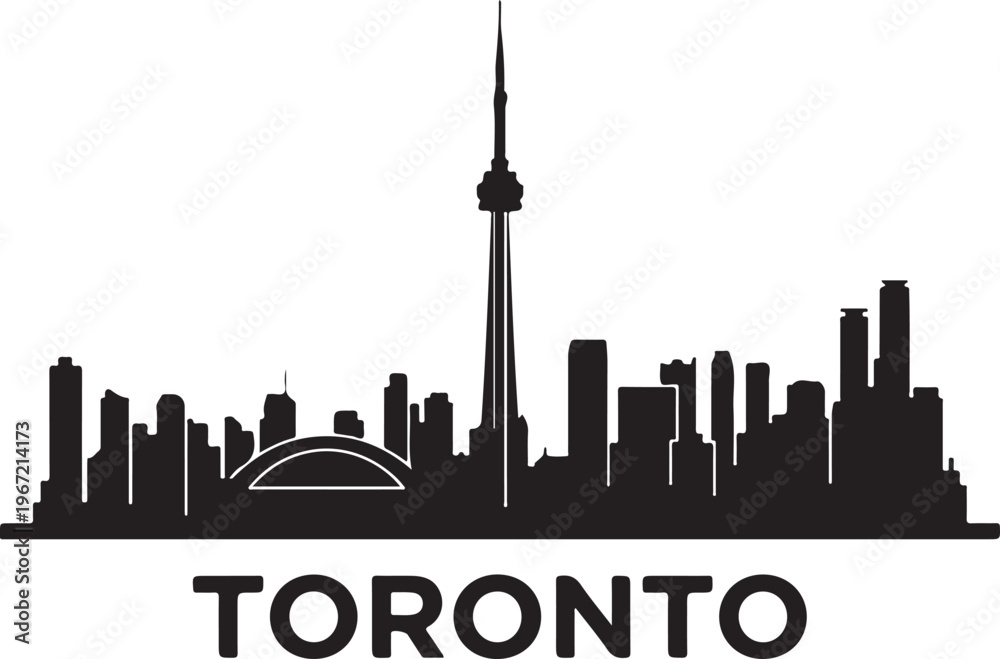 Fototapeta premium Toronto skyline silhouette featuring the CN Tower and modern skyscrapers, representing Canada's vibrant city.