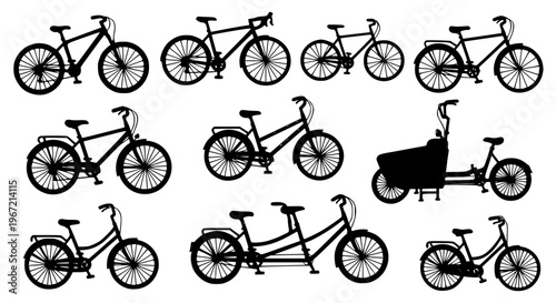 Hand drawn bicycle set with mountain road BMX cargo and city bikes doodle vector illustration