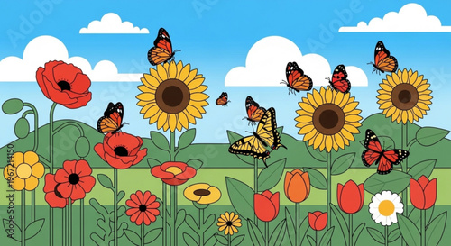 Colorful butterflies fluttering around sunflowers poppies and tulips in a vibrant meadow with blue sky and clouds