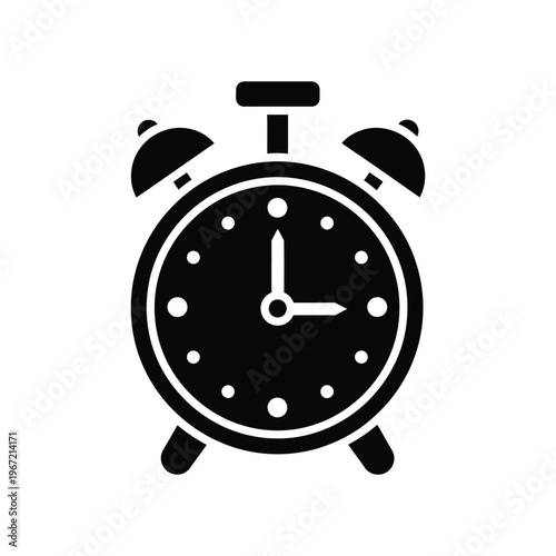 Minimalist black alarm clock icon isolated on white background representing time management, morning wake up calls, and business deadlines