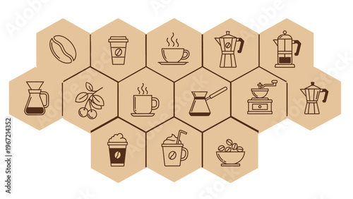 A collection of coffee icons on wooden hexagons