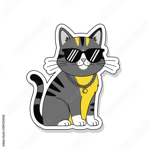 A cool grey cat sitting, wearing sunglasses and a gold chain. sticker
