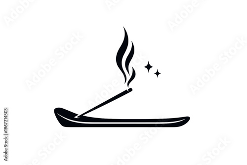 Minimalist incense stick design with smoke and sparkles on holder
