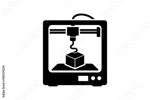 Black and white 3d printer icon depicting printing process with cube