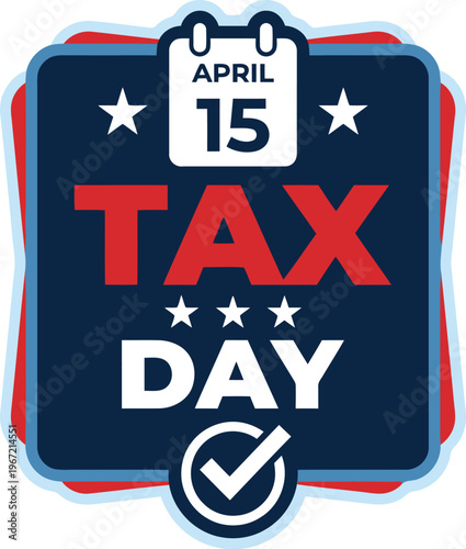 April 15 tax day emblem with calendar icon and red white blue color scheme