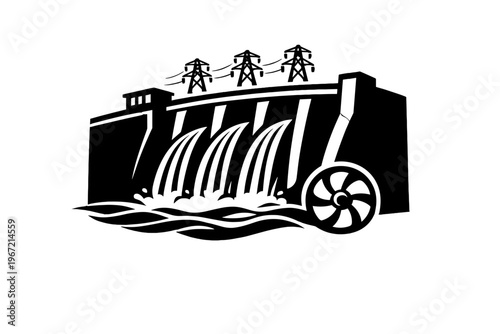 Hydroelectric dam silhouette with turbine and power lines