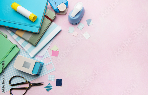 Crafting tools and notebooks for scrapbooking hobby