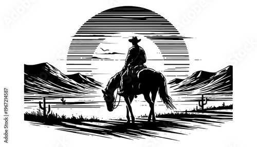 A cowboy silhouette illustration riding a horse at sunset