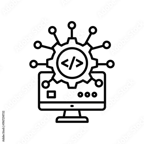 Modern software development and automated programming icon featuring a computer monitor with a gear and coding brackets, symbolizing system integration and digital network connectivity.