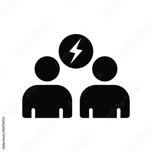 Minimalist black icon representing interpersonal conflict, disagreement, or brainstorming between two people with a lightning bolt symbol for tension and energy.
