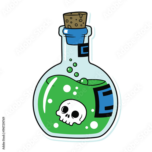 A bubbly green potion flask with a skull on white. sticker
