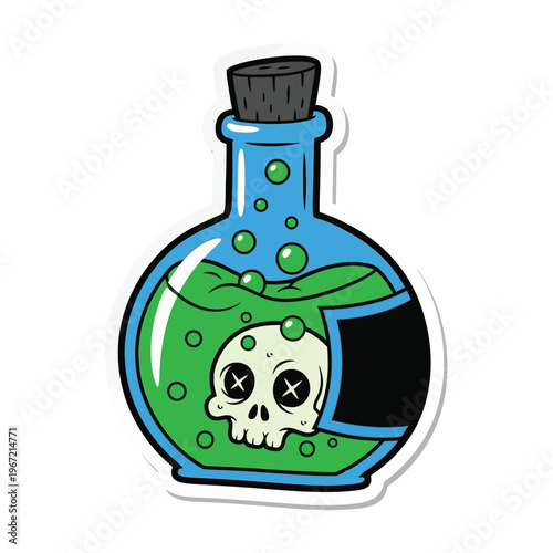 A green bubbling poison potion flask with a skull sticker. sticker