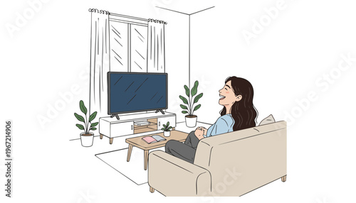 Television vector illustration of a woman sitting on a couch watching TV