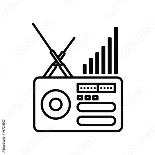 Minimalist black line icon of a portable radio with dual antennas and signal strength bars, ideal for broadcasting, communication, and audio technology concepts