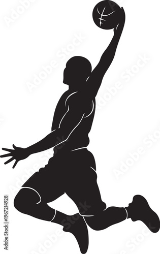 Black silhouette of a basketball player jumping to dunk a ball