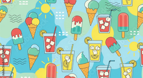 Colorful summer themed illustration featuring ice cream cones popsicles and refreshing drinks with vibrant hues and playful design elements