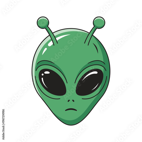 Green alien head with large eyes and antennae on white background