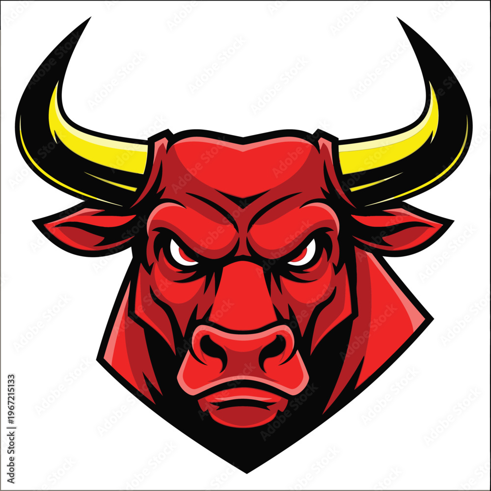 Fototapeta premium A fierce red bull mascot head with imposing horns. sticker