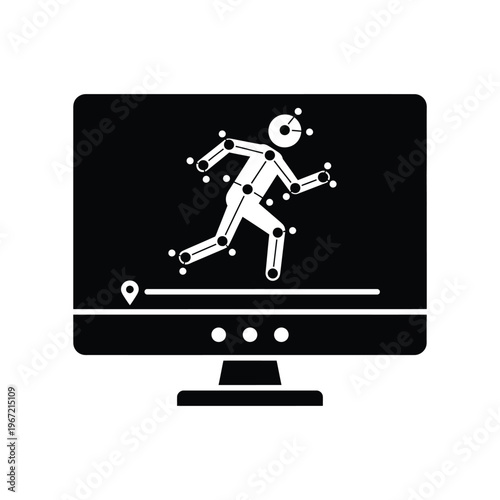 Digital motion capture technology icon featuring a running human figure with tracking points on a computer screen for animation, sports science, and biomechanics analysis.