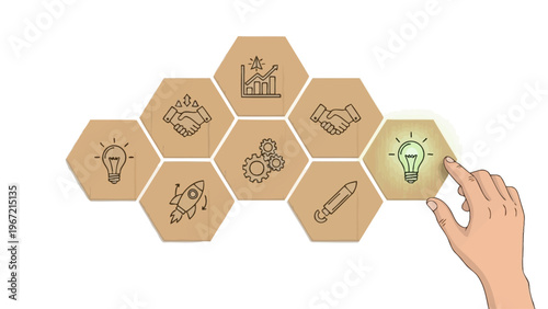 A hand interacting with a wooden hexagonal innovation concept on a white background