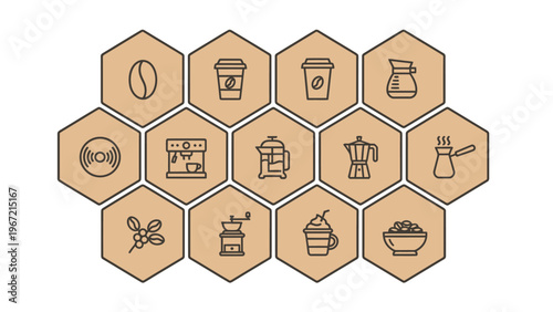 A collection of wooden hexagonal icons representing various coffee related items