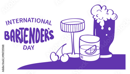 Bartender's day illustration with cocktail glasses and beer