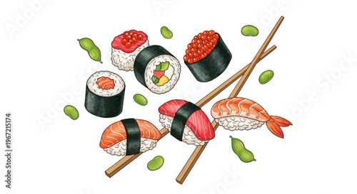 A vibrant illustration of sushi and edamame with chopsticks on a white background