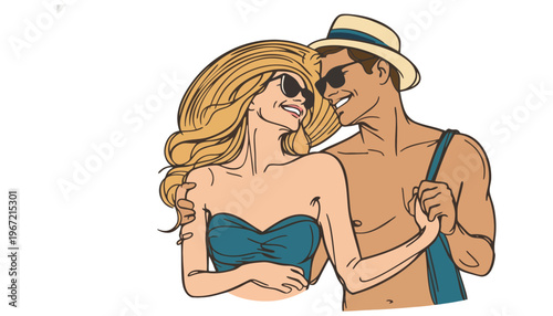 Couple cartoon illustration in summer clothes and sunglasses smiling together