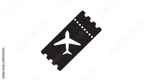 Ticket airplane icon with dashed perforation and wing silhouette, representing travel or flight booking, isolated on white background.