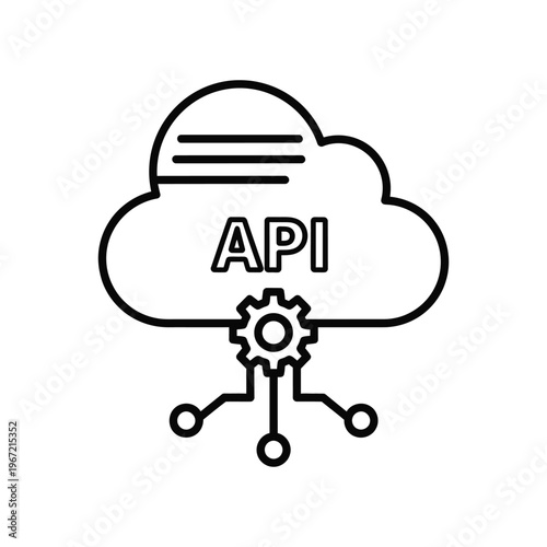 Cloud API integration icon featuring a gear and circuit nodes representing backend development, automated data synchronization, and software connectivity for modern web services.