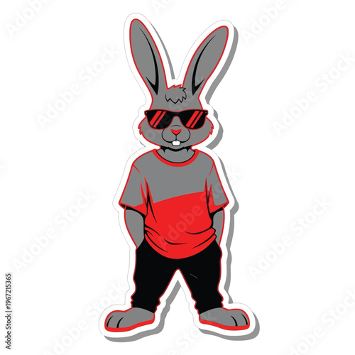A cool rabbit character standing casually in sunglasses and a red shirt. sticker