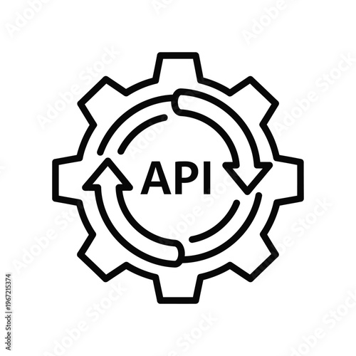 Minimalist API integration and automation icon featuring a gear with circular arrows representing seamless software connectivity and backend development processes
