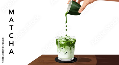A hand pouring matcha green tea into a glass of ice