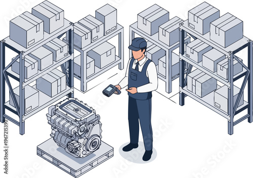 Industrial Warehouse Inventory Management: Worker Scanning Engine Part on Pallet, Isometric Vector Illustration