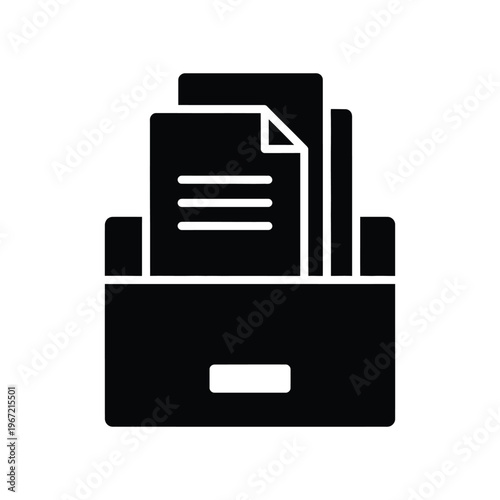 Minimalist black filing cabinet drawer icon containing paper documents for efficient office organization, business administration, and digital archival storage.