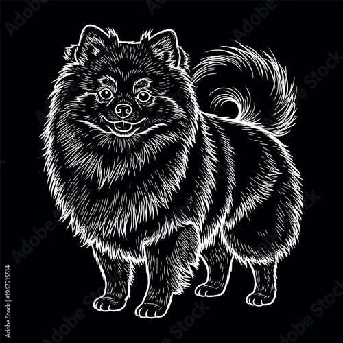 Pomeranian Spitz monochrome line art illustration — fluffy design