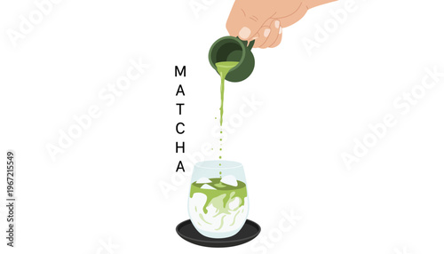 A hand pouring matcha green tea into a clear glass cup