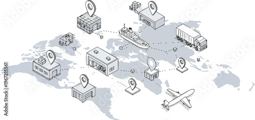 Global Logistics and Supply Chain Management Isometric Illustration with World Map, Transportation Network, and Distribution Icons