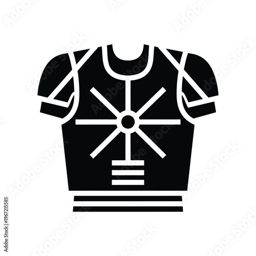 Minimalist black silhouette icon of a medieval knight's breastplate with a sun emblem, perfect for fantasy gaming, historical defense concepts, and warrior equipment design.